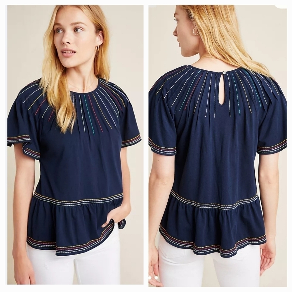 Maeve Anthropologie Navy Flutter Sleeve Blouse XS  Arty Boho Summer Vacation